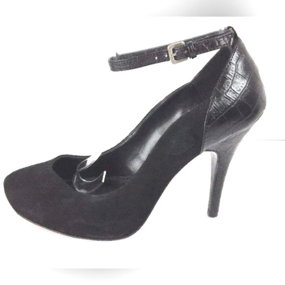 Audrey Brooke Shoes - AUDREY BROOKE black suede and leather ankle strap pumps